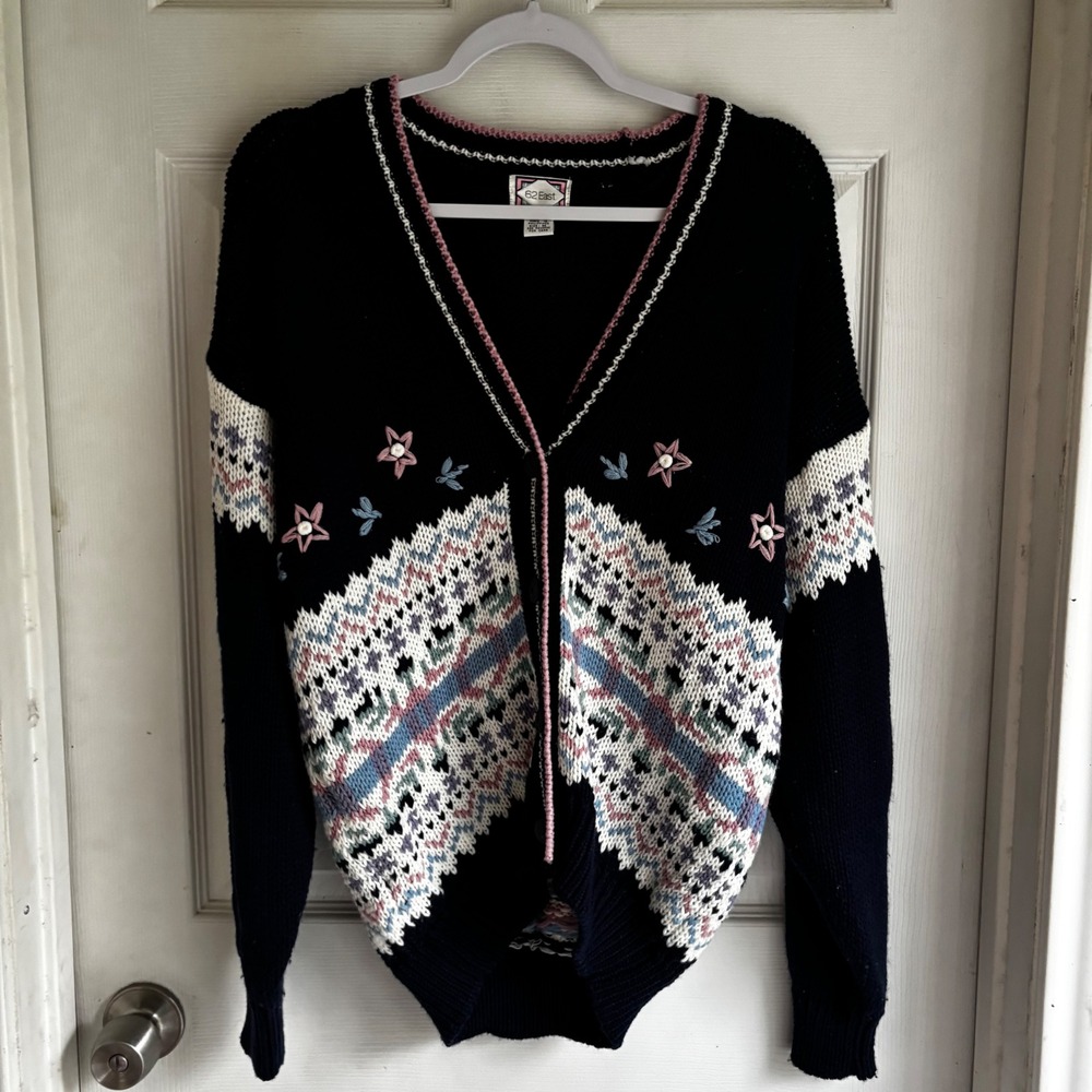Floral Fair Isle Vintage Cardigan Sweater M Nordic Cottagecore 90s‎ Embroidered